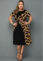 ROTITA Plus Size Leopard Round Neck Short Sleeve Dress