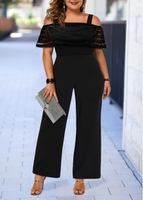 ROTITA Plus Size Mesh Stitching Black Jumpsuit