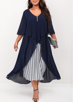 ROTITA Plus Size Navy Blue Striped V Neck Dress