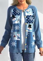 ROTITA Plus Size Patchwork Blue Christmas Print Cardigan