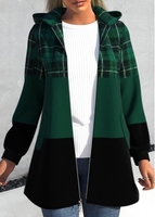 ROTITA Plus Size Patchwork Plaid Blackish Green Hooded Long Sleeve Jacket