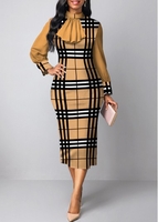 ROTITA Plus Size Patchwork Plaid Light Camel Stand Collar Bodycon Dress