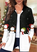 ROTITA Plus Size Pocket Christmas Snowman Print Black Hooded Long Sleeve Coat