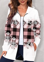 ROTITA Plus Size Pocket Plaid Pink Hooded Long Sleeve Coat