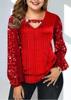 ROTITA Plus Size Red Sequin V Neck T Shirt