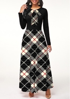 ROTITA Plus Size Round Neck Black Plaid Long Sleeve Maxi Dress