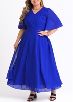 ROTITA Plus Size Royal Blue V Neck Dress