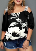 ROTITA Plus Size Sequin Floral Print Black T Shirt