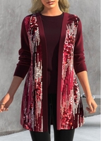 ROTITA Plus Size Sequin Wine Red Long Sleeve Coat