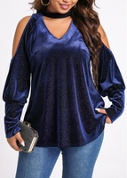 ROTITA Plus Size Shinning Sapphire Blue Round Neck Sweatshirt