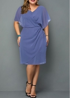 ROTITA Plus Size Solid Chiffon V Neck Dress