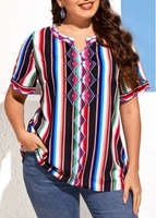 ROTITA Plus Size Split Neck Rainbow Stripe Blouse