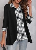 ROTITA Plus Size Striped Black Turndown Collar 3/4 Sleeve Blouse