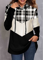 ROTITA Plus Size Tartan Print Black Long Sleeve Hoodie