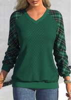 ROTITA Plus Size Tartan Print Blackish Green V Neck Sweatshirt