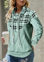 ROTITA Plus Size Tartan Print Blue Cowl Neck Long Sleeve Sweatshirt
