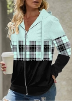 ROTITA Plus Size Tartan Print Cyan Long Sleeve Hoodie