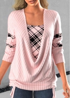ROTITA Plus Size Tie Side Light Pink Faux Two Piece Sweatshirt
