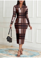 ROTITA Plus Size Zipper Coffee Camel Plaid Bodycon Dress