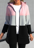 ROTITA Plus Size Zipper Contrast Color Pink Hooded Long Sleeve Jacket