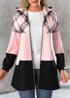 ROTITA Plus Size Zipper Plaid Light Pink Hooded Long Sleeve Jacket