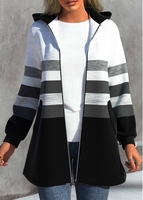 ROTITA Plus Size Zipper Striped Black Hooded Long Sleeve Jacket