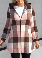 ROTITA Plus Size Zipper Tartan Print Pink Hooded Long Sleeve Jacket