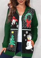 ROTITA Pocket Christmas Print Green Hooded Long Sleeve Coat