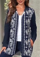 ROTITA Pocket Paisley Print Navy Hooded Long Sleeve Coat