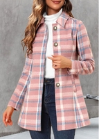ROTITA Pocket Plaid Pink Shirt Collar Long Sleeve Coat