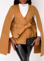 ROTITA Split Dark Camel V Neck Belted Coat