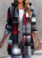ROTITA Zipper Geometric Print Black Hooded Long Sleeve Coat