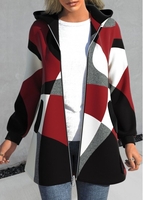 ROTITA Zipper Geometric Print Red Hooded Long Sleeve Jacket