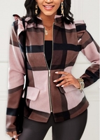 ROTITA Zipper Plaid Multi Color High Neck Jacket