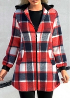 ROTITA Zipper Tartan Print Red Hooded Long Sleeve Jacket