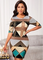 Round Neck Geometric Print Half Sleeve Dress