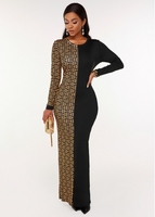 Round Neck Geometric Print Long Sleeve Dress