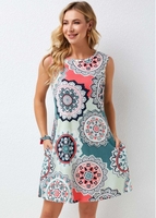 Round Neck Printed Wide Strap Dress