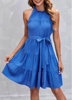 Royal Blue Tie Back Belted Sleeveless Dress