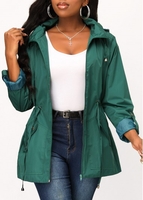 Shirred Blackish Green Long Sleeve Trench Coat