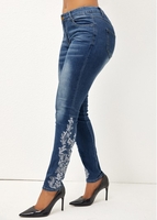 Skinny Embroidered Mid Waist Pocket Denim Blue Pants