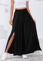 Tie Front Side Slit Shirred Black Pants