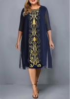 Tribal Print Navy Faux Two Piece Plus Size Dress