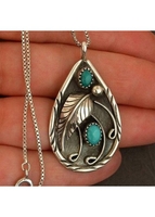 Turquoise Feather Design Teardrop Metal Necklace