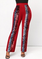 Wine Red Sequin Elastic Waist High Waisted Pants