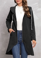 Zipper Black Hooded Long Sleeve Coat