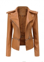 Zipper Dark Camel Lapel Long Sleeve Jacket