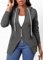 Zipper Dark Grey Hooded Long Sleeve Coat