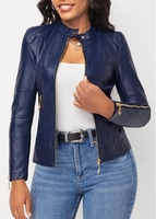 Zipper Navy Stand Collar Long Sleeve Jacket