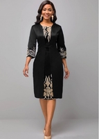 3/4 Sleeve Black Round Neck Embroidered Dress